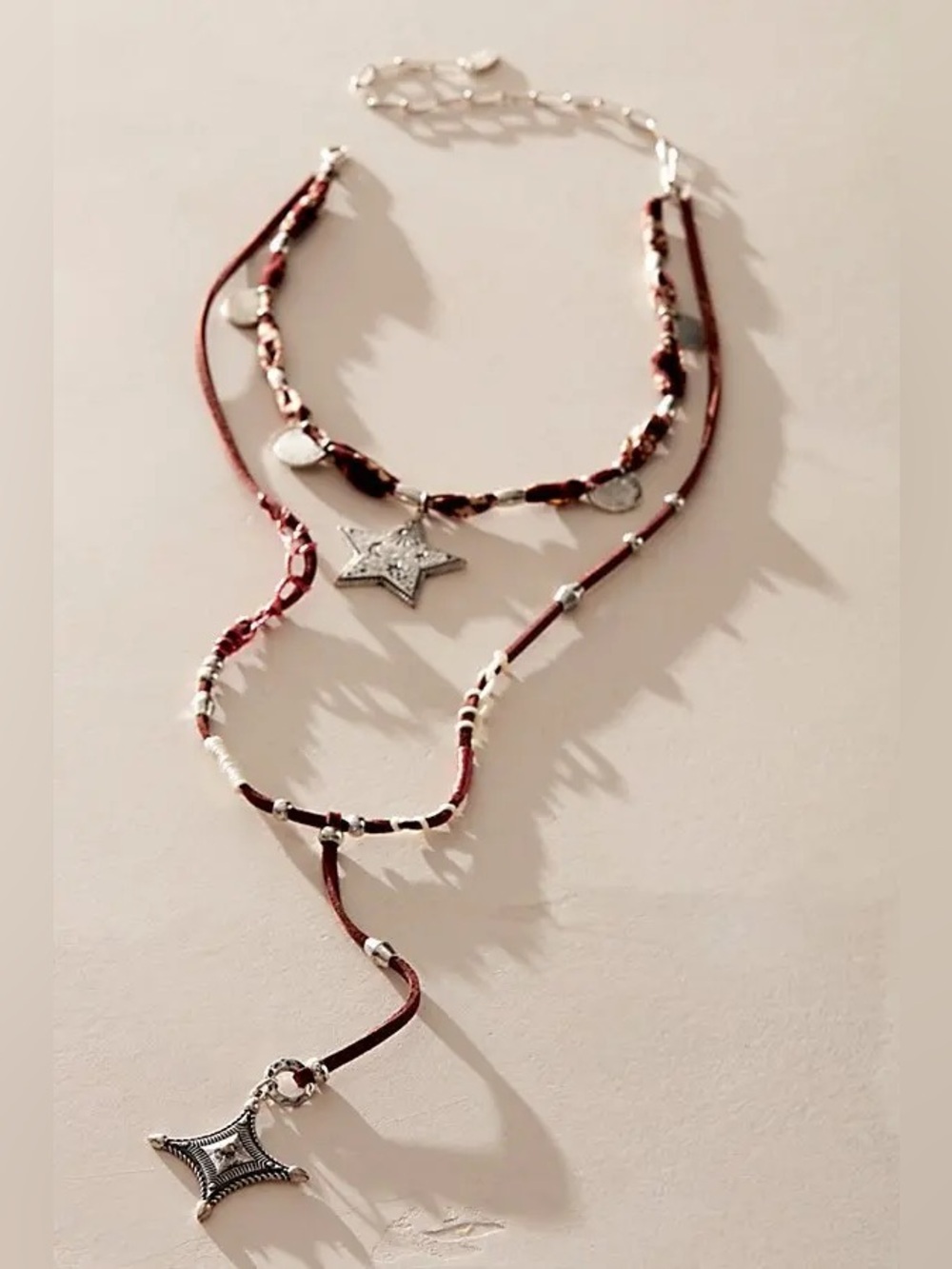 NWT Free People Dandelion Lariat Necklace Silver Chocolate Star Boho